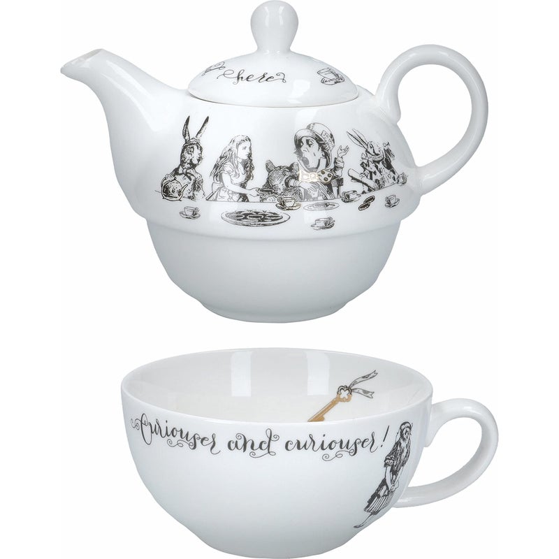 Va V&A Alice in Wonderland Teapot and Cup Set For 1 in Gift Box, Fine China Tea Set, White, 250 ml - Image 1